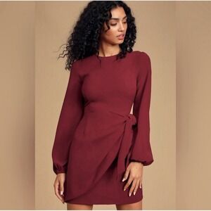 Lulus Believe It or Knot Wine Red Long Sleeve Tie Wrap Dress Feminine Small